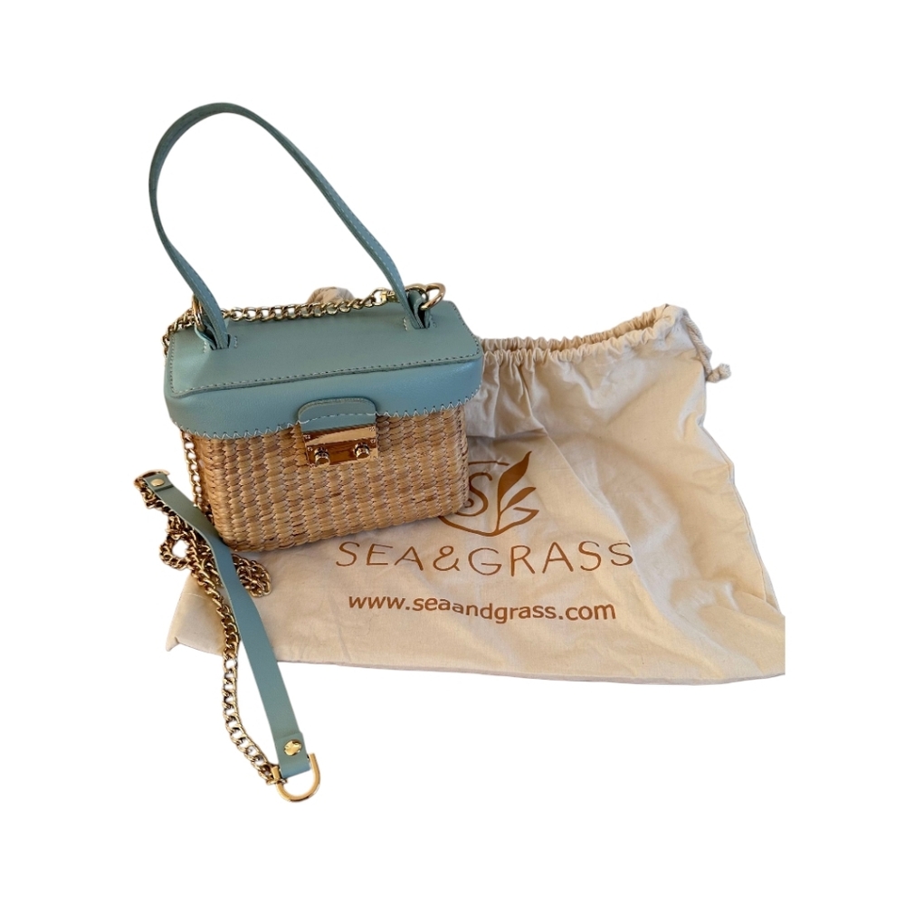Sea & Grass “Laurel” Seagrass & Vegan Leather Shoulder Bag – Blue